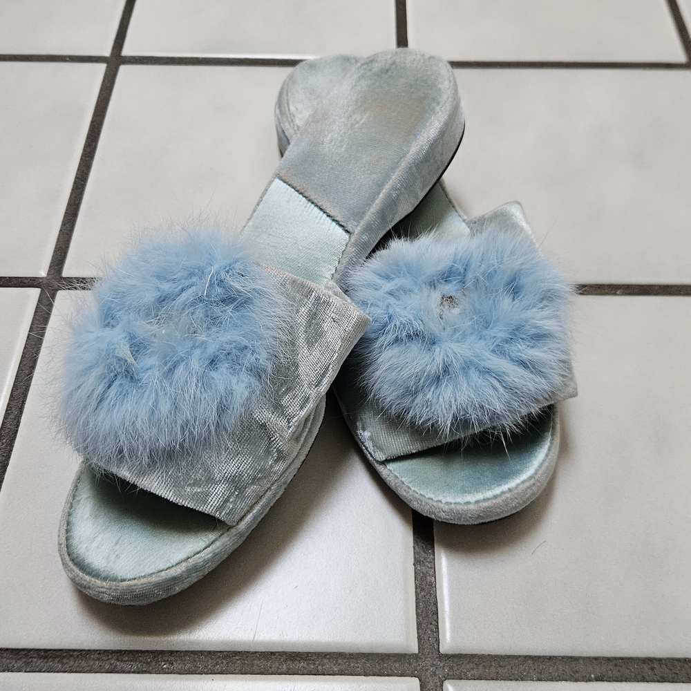 1950’s Vintage Rhinestone & Rabbit Velvet Hollywood Glam Boudoir Slippers Size 8